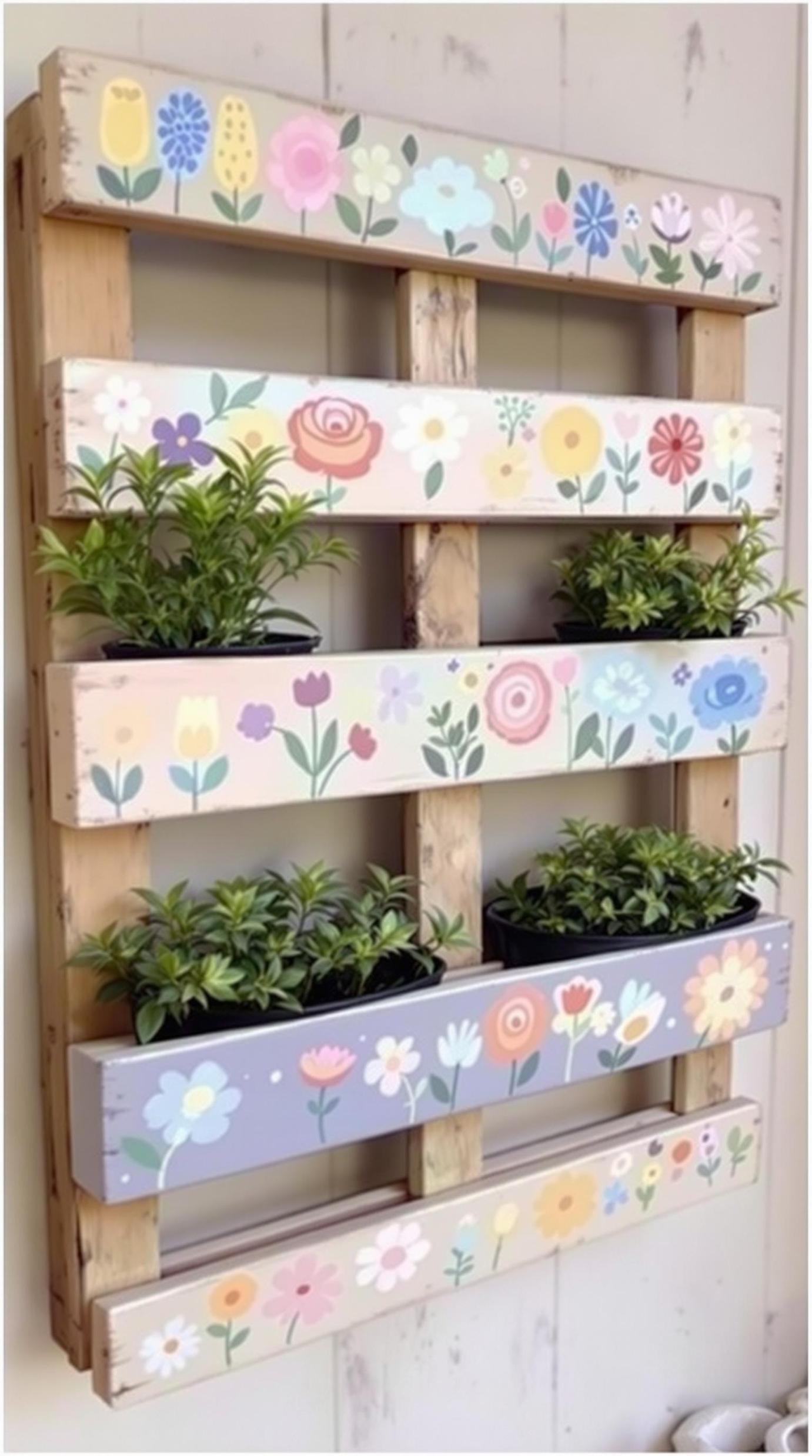 35 Easy Garden Art Crafts Anyone Can Make DIY 63 27. Pallet wall garden decorated with painted blooms-1