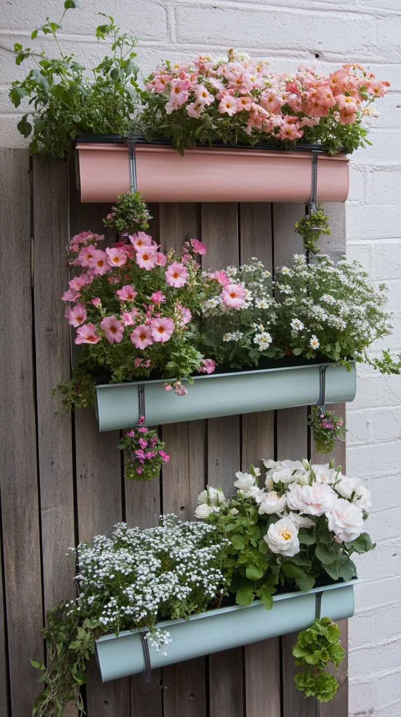 35 Easy Garden Art Crafts Anyone Can Make DIY 60 26. Rain gutter wall planters painted in pastels-0