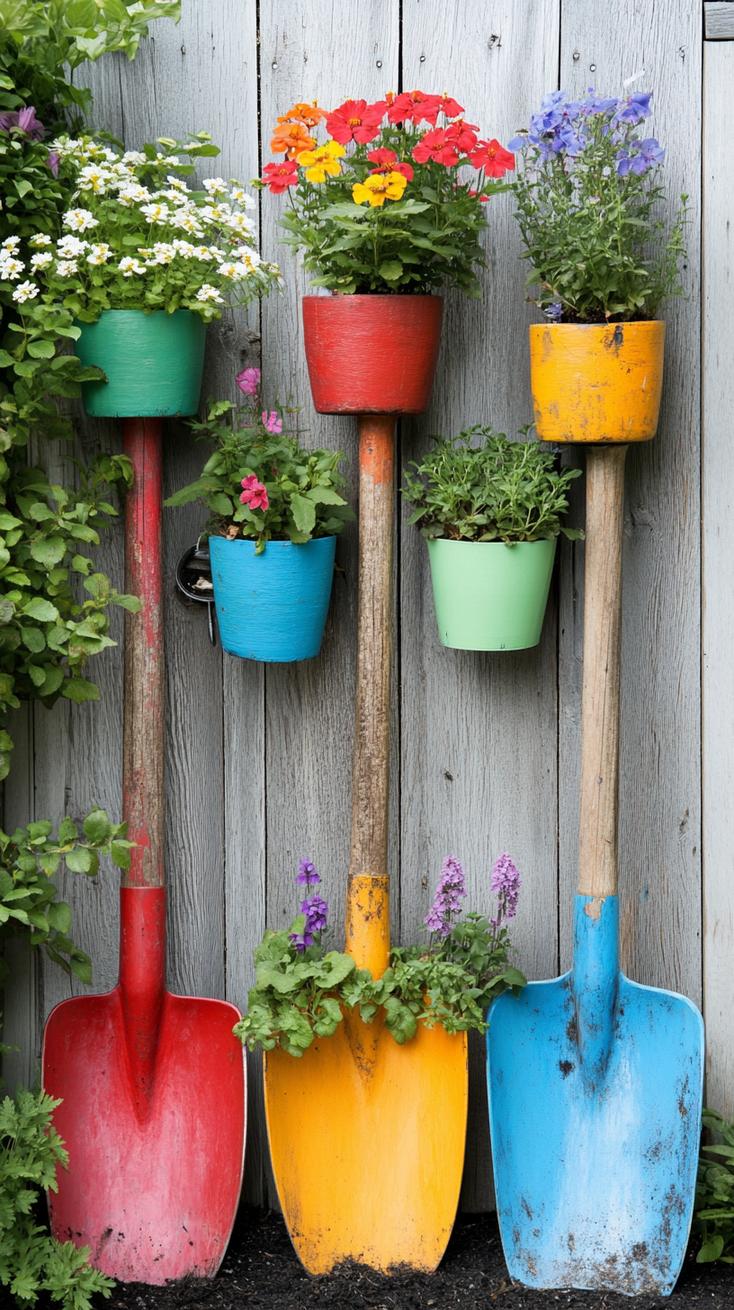 35 Easy Garden Art Crafts Anyone Can Make DIY 32 14. Recycled shovel handles used as vertical planters-0