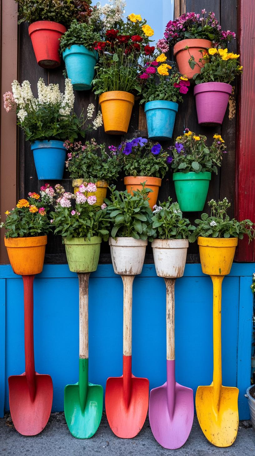 35 Easy Garden Art Crafts Anyone Can Make DIY 33 14. Recycled shovel handles used as vertical planters-1
