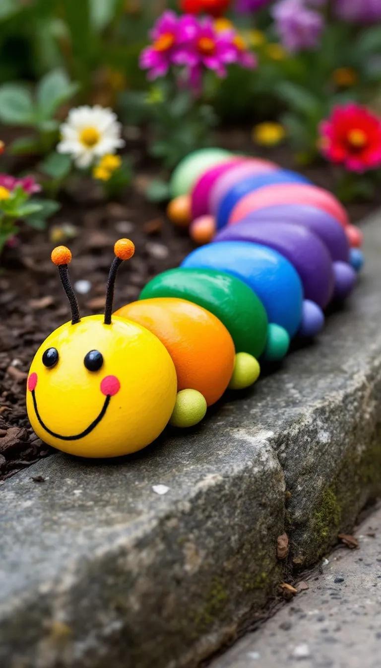35 Easy Garden Art Crafts Anyone Can Make DIY 45 20. Rock caterpillars lining flower garden edges-1