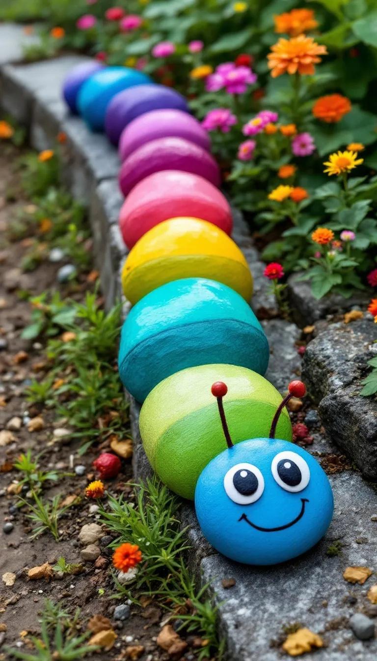 35 Easy Garden Art Crafts Anyone Can Make DIY 46 20. Rock caterpillars lining flower garden edges-2