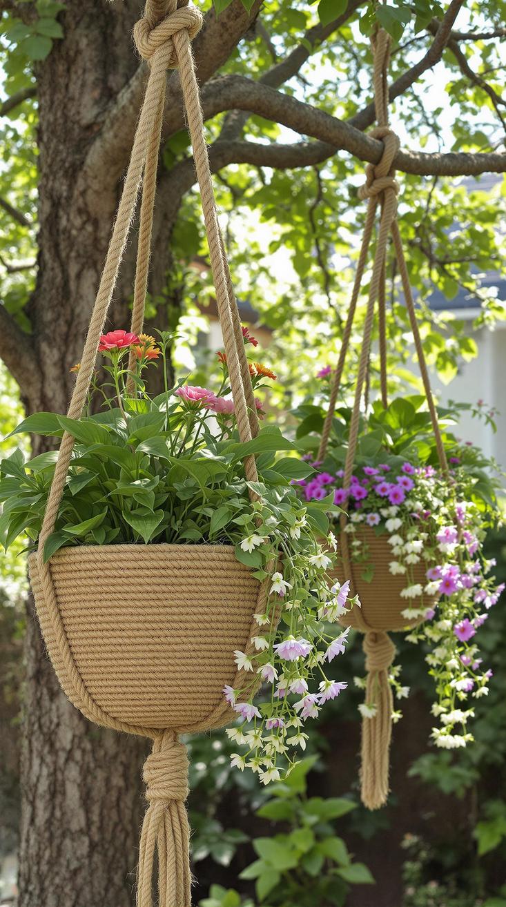 35 Easy Garden Art Crafts Anyone Can Make DIY 77 32. Rope-wrapped planters hung from tree branches-0