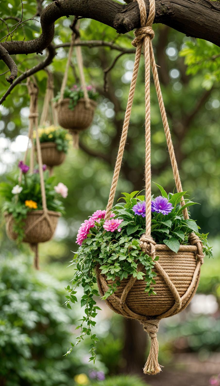 35 Easy Garden Art Crafts Anyone Can Make DIY 78 32. Rope-wrapped planters hung from tree branches-1