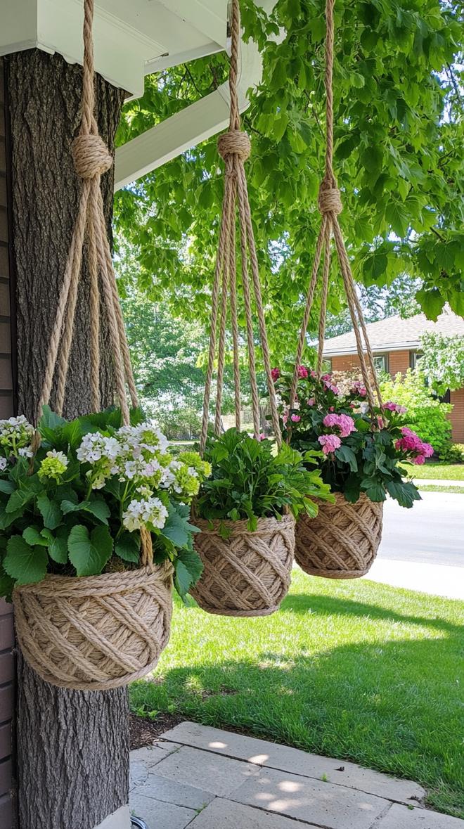 35 Easy Garden Art Crafts Anyone Can Make DIY 79 32. Rope-wrapped planters hung from tree branches-2
