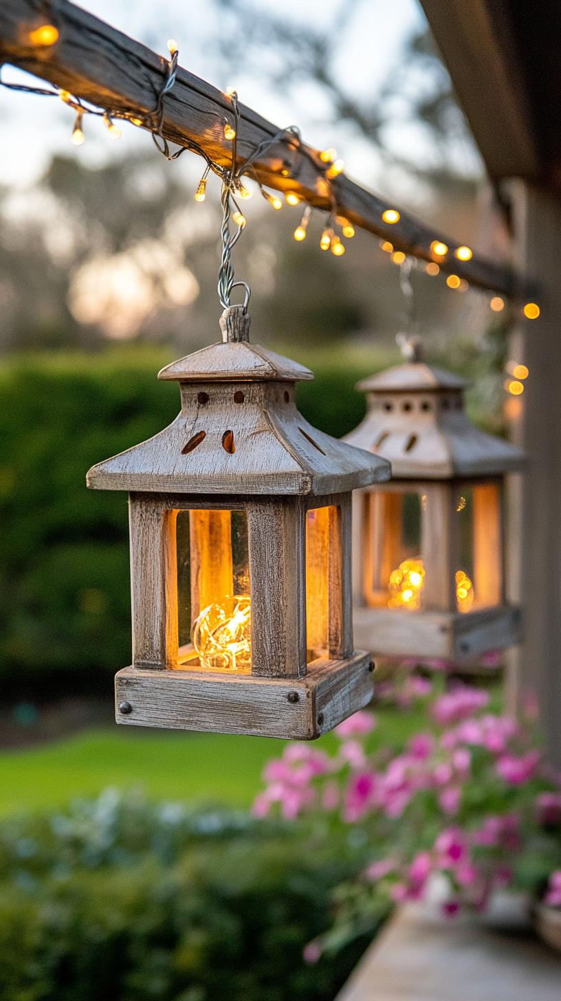 35 Easy Garden Art Crafts Anyone Can Make DIY 59 25. Rustic wooden lanterns with string fairy lights-2