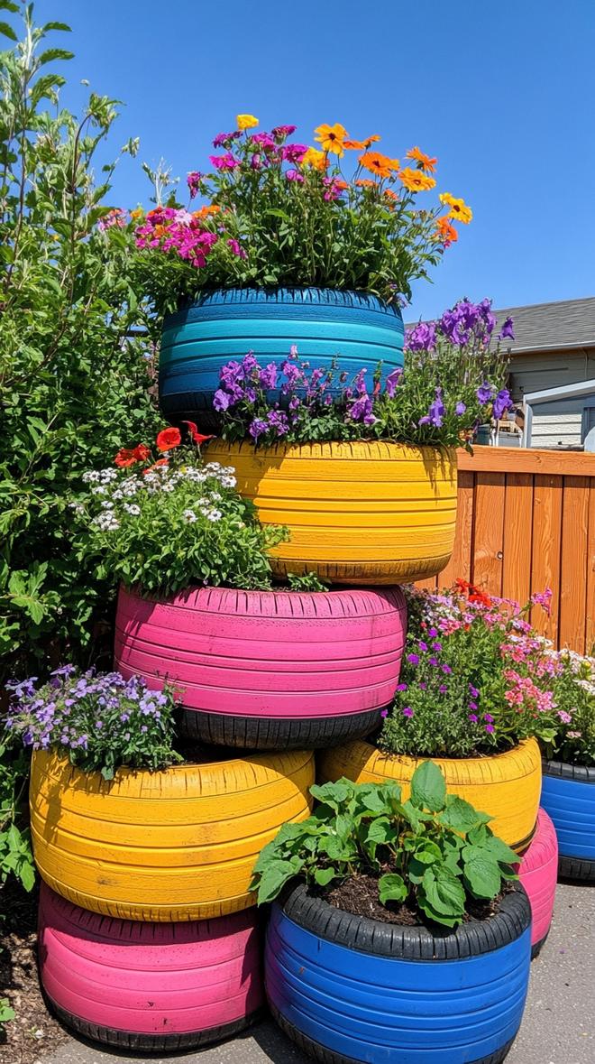 35 Easy Garden Art Crafts Anyone Can Make DIY 13 5. Tire planters stacked and spray-painted rainbow-0