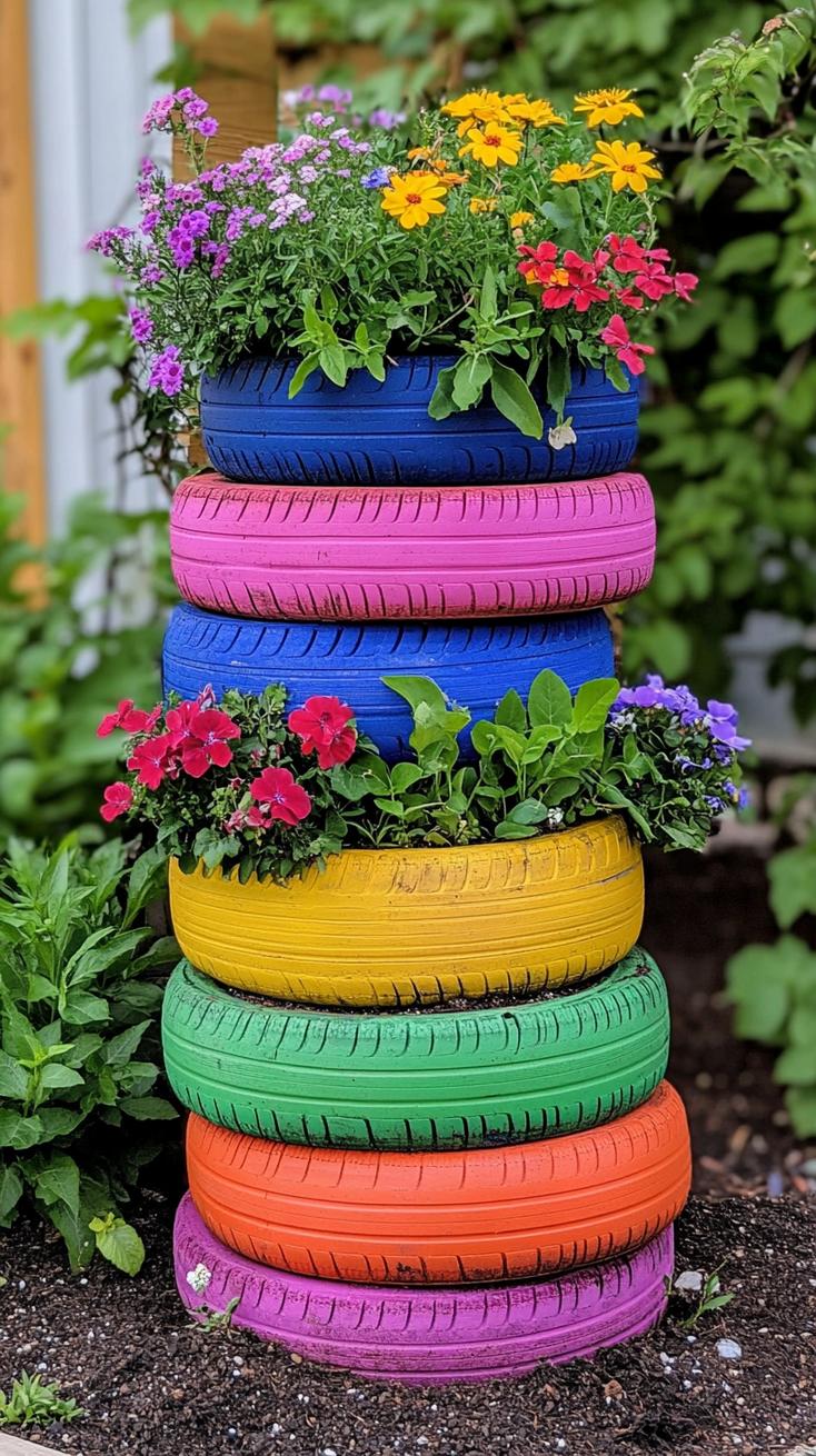 35 Easy Garden Art Crafts Anyone Can Make DIY 14 5. Tire planters stacked and spray-painted rainbow-1
