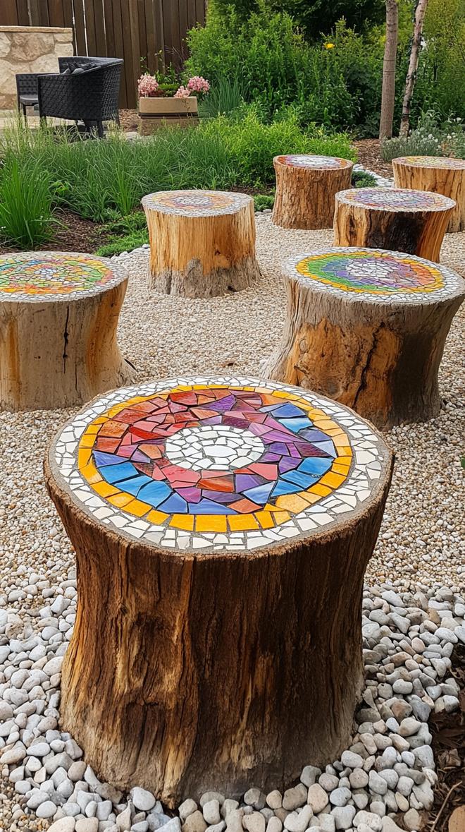 35 Easy Garden Art Crafts Anyone Can Make DIY 64 28. Tree stumps topped with mosaic tile designs-0