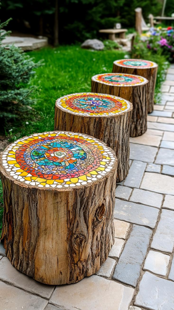 35 Easy Garden Art Crafts Anyone Can Make DIY 65 28. Tree stumps topped with mosaic tile designs-1