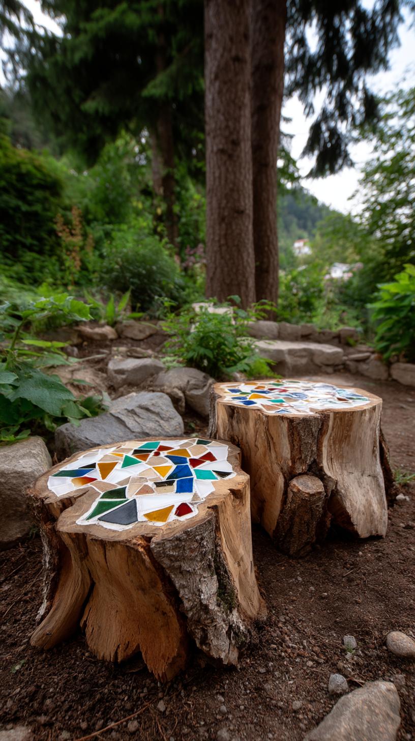35 Easy Garden Art Crafts Anyone Can Make DIY 66 28. Tree stumps topped with mosaic tile designs-2