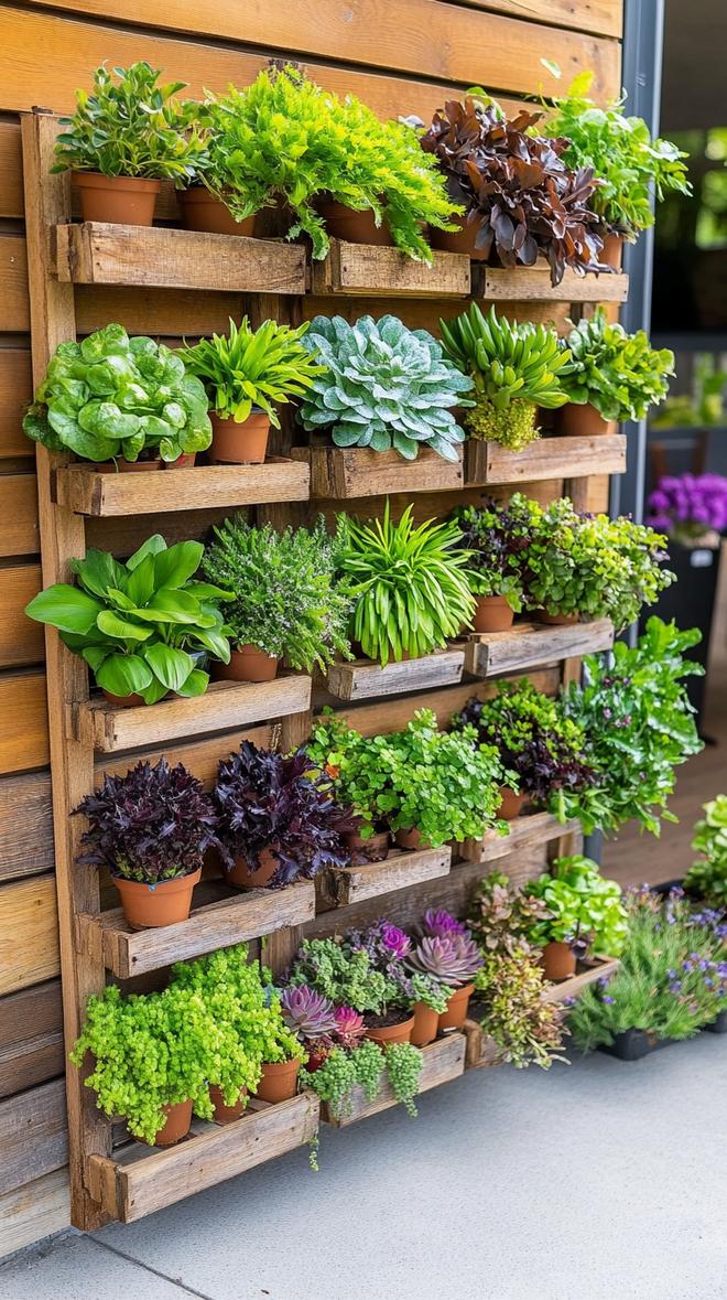 35 Easy Garden Art Crafts Anyone Can Make DIY 12 4. Vertical garden from painted wooden pallet-1