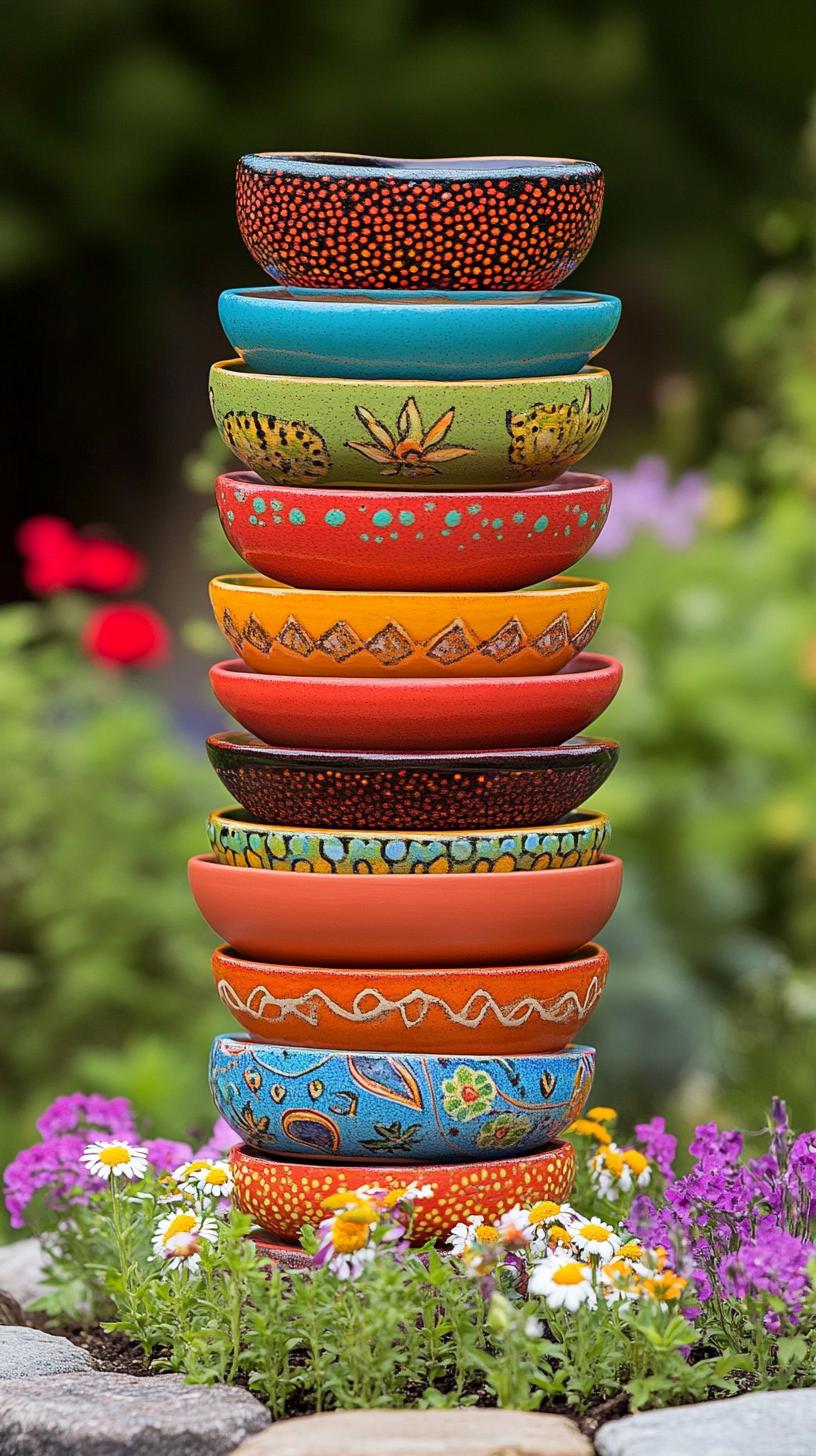 35 Easy Garden Art Crafts Anyone Can Make DIY 27 12. Vibrant garden totems using stacked bowls-0