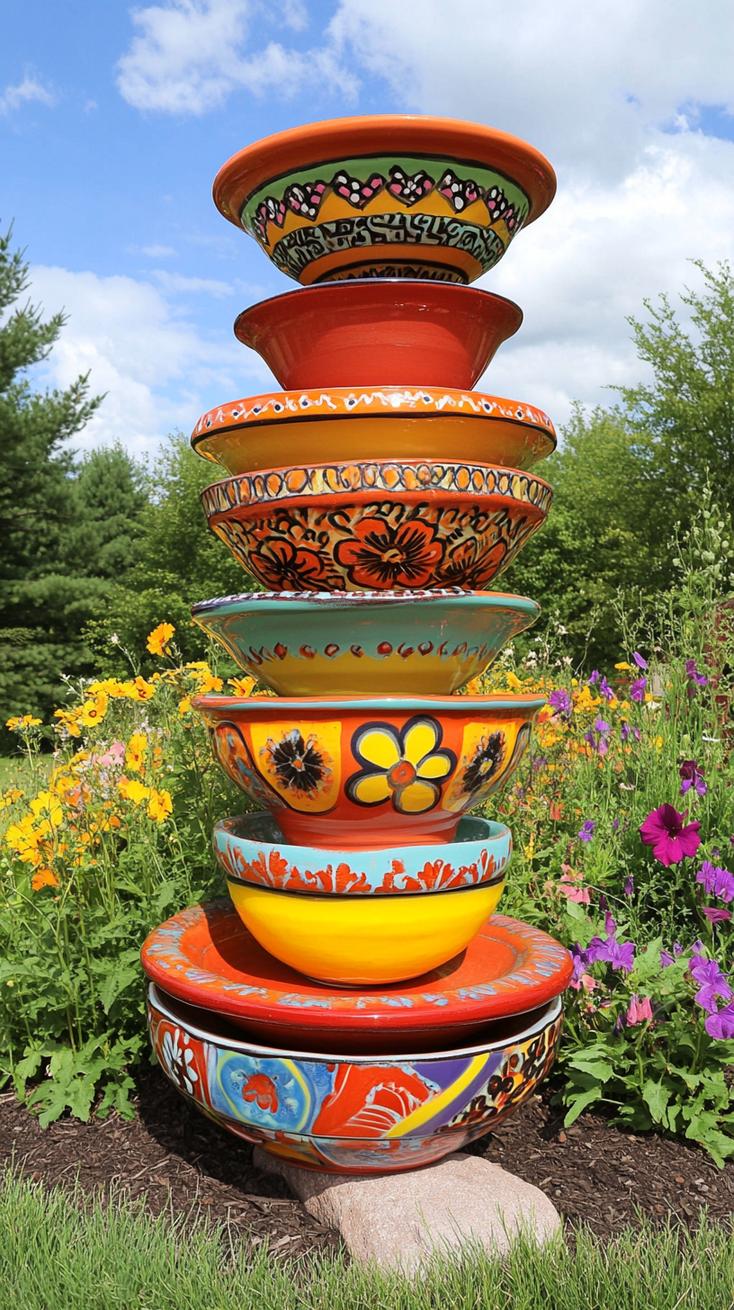 35 Easy Garden Art Crafts Anyone Can Make DIY 28 12. Vibrant garden totems using stacked bowls-1