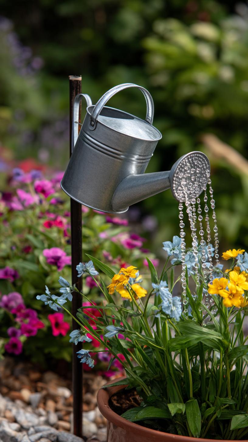 35 Easy Garden Art Crafts Anyone Can Make DIY 21 9. Watering can sculpture pouring crystal beads-0
