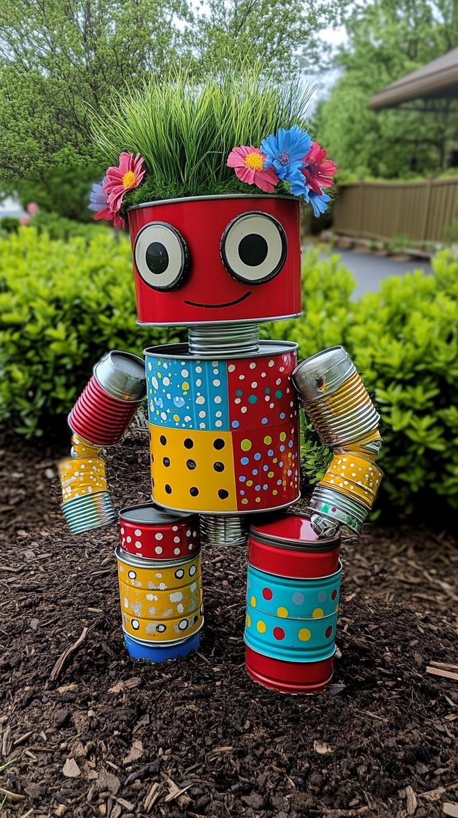 35 Easy Garden Art Crafts Anyone Can Make DIY 67 29. Whimsical robots made from painted tin cans-0