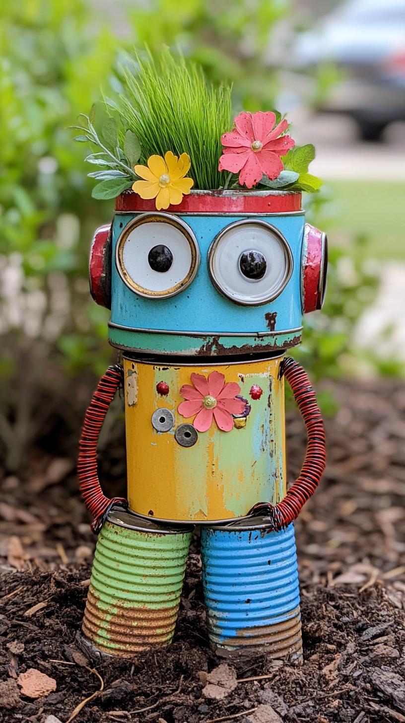 35 Easy Garden Art Crafts Anyone Can Make DIY 68 29. Whimsical robots made from painted tin cans-1