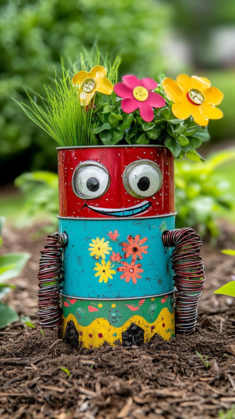 35 Easy Garden Art Crafts Anyone Can Make DIY 70 29. Whimsical robots made from painted tin cans-3