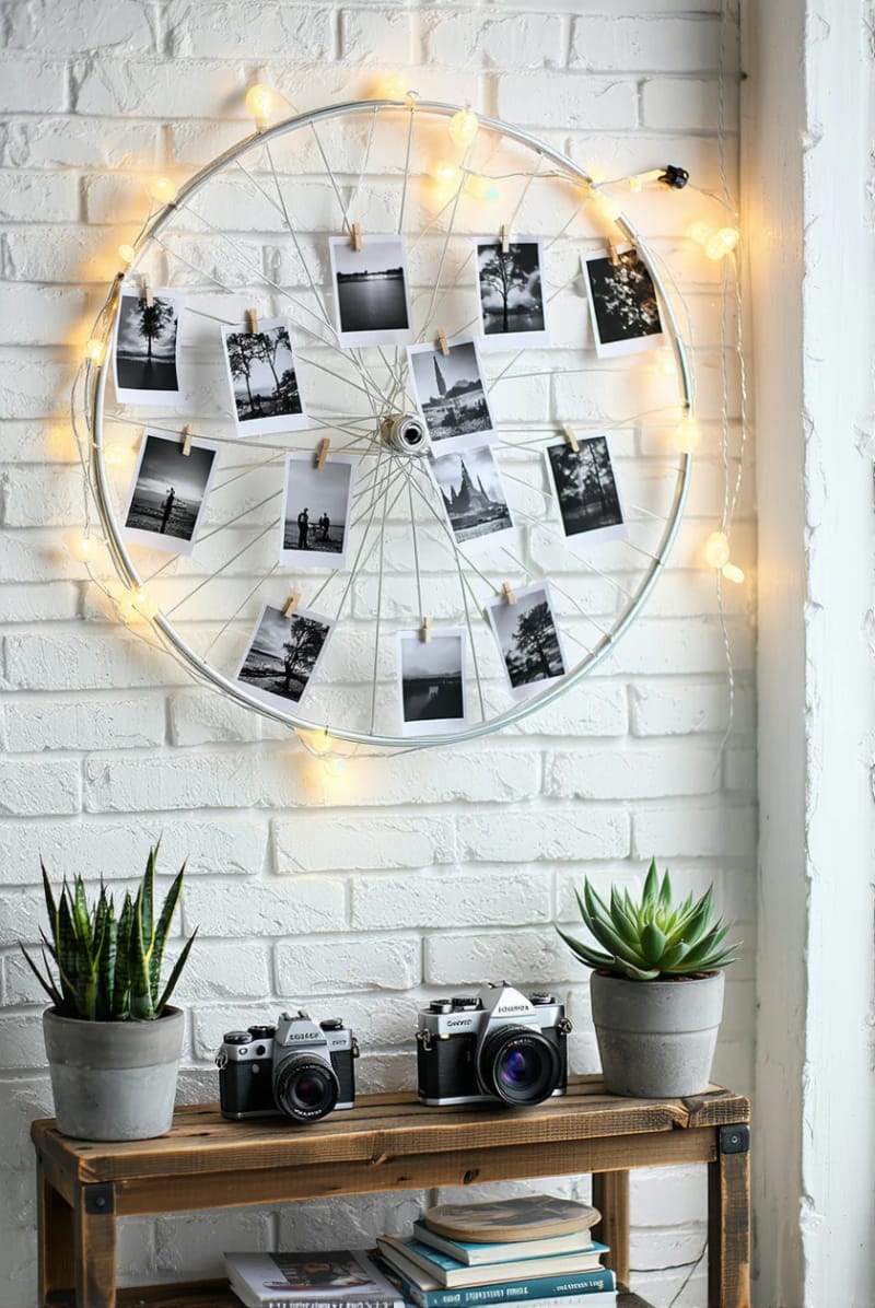 19 Creative Upcycled Home Decor Ideas to Refresh Your Space 50 bicycle wheel reinvented as an industrial photo display 1