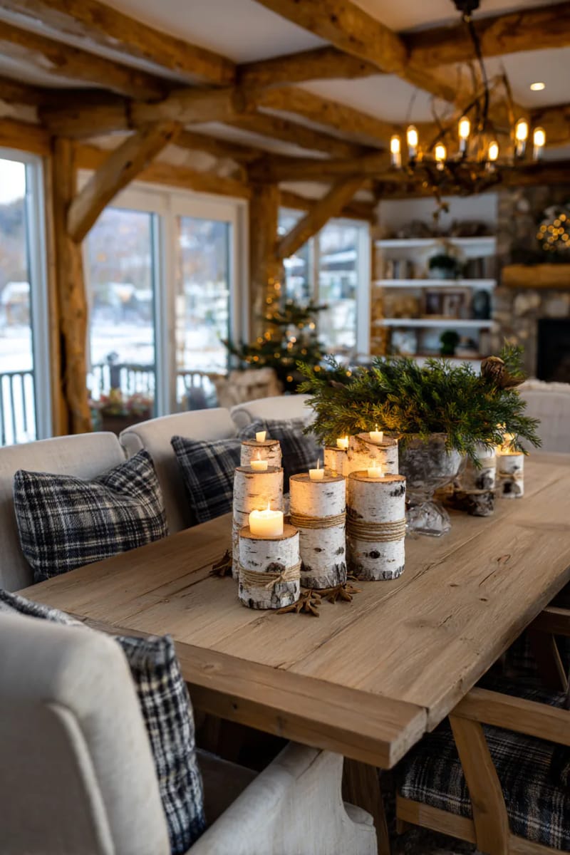 birch log candle holders wrapped in twine and sprigs of evergreen 1