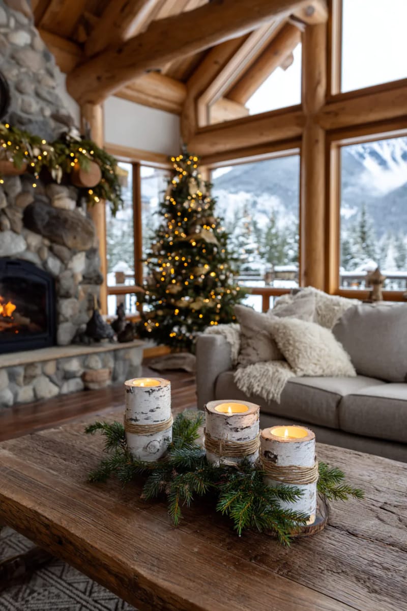 birch log candle holders wrapped in twine and sprigs of evergreen 1