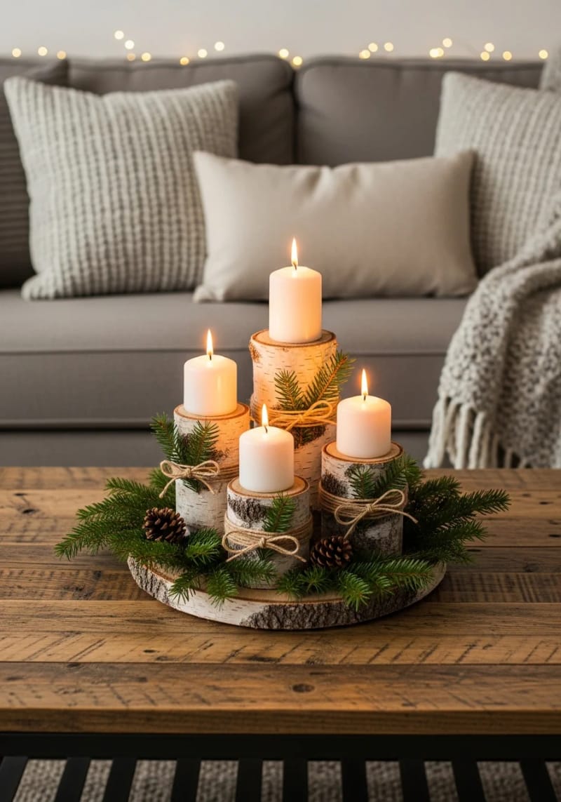 birch log candle holders wrapped in twine and sprigs of evergreen 1