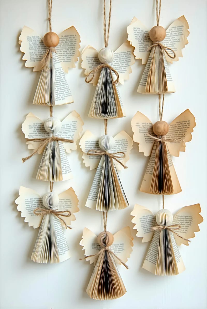 book page angel ornaments with wooden bead heads and twine bows 1