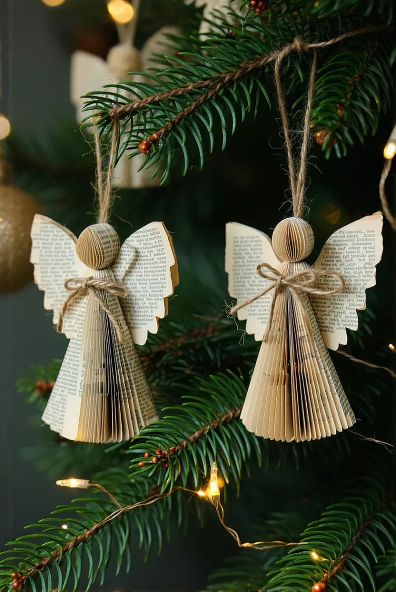 book page angel ornaments with wooden bead heads and twine bows 1