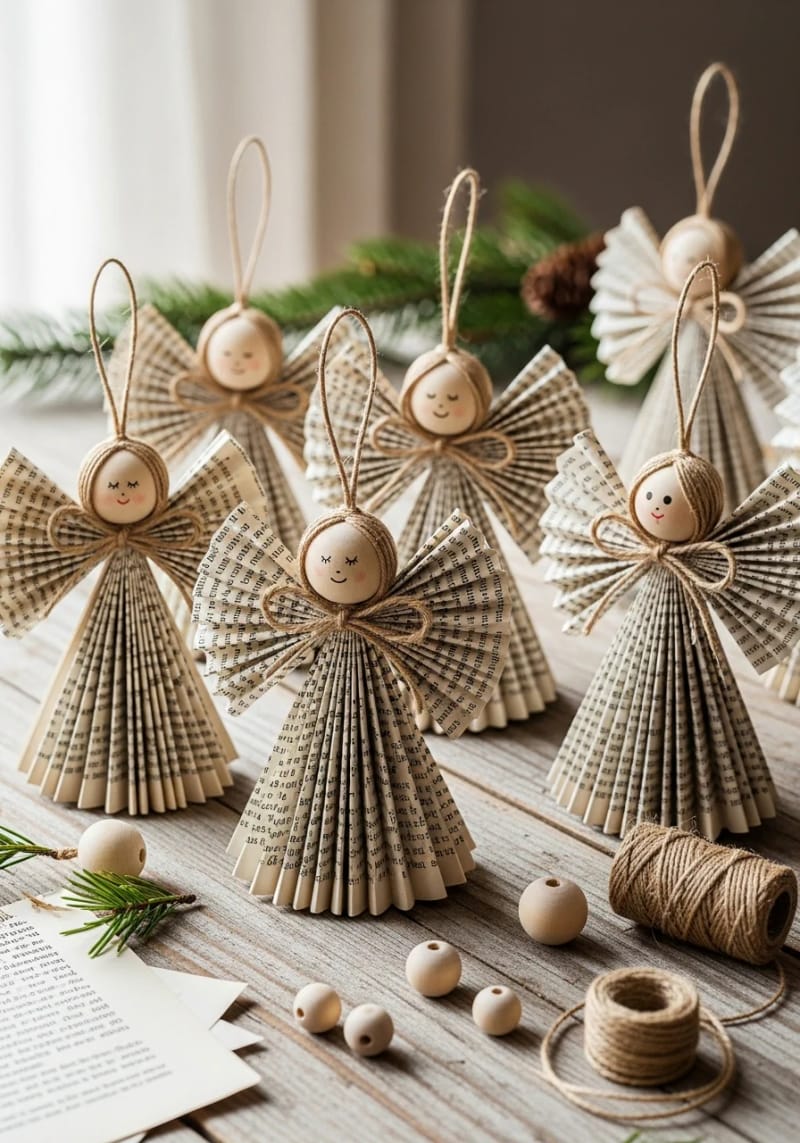 book page angel ornaments with wooden bead heads and twine bows 1