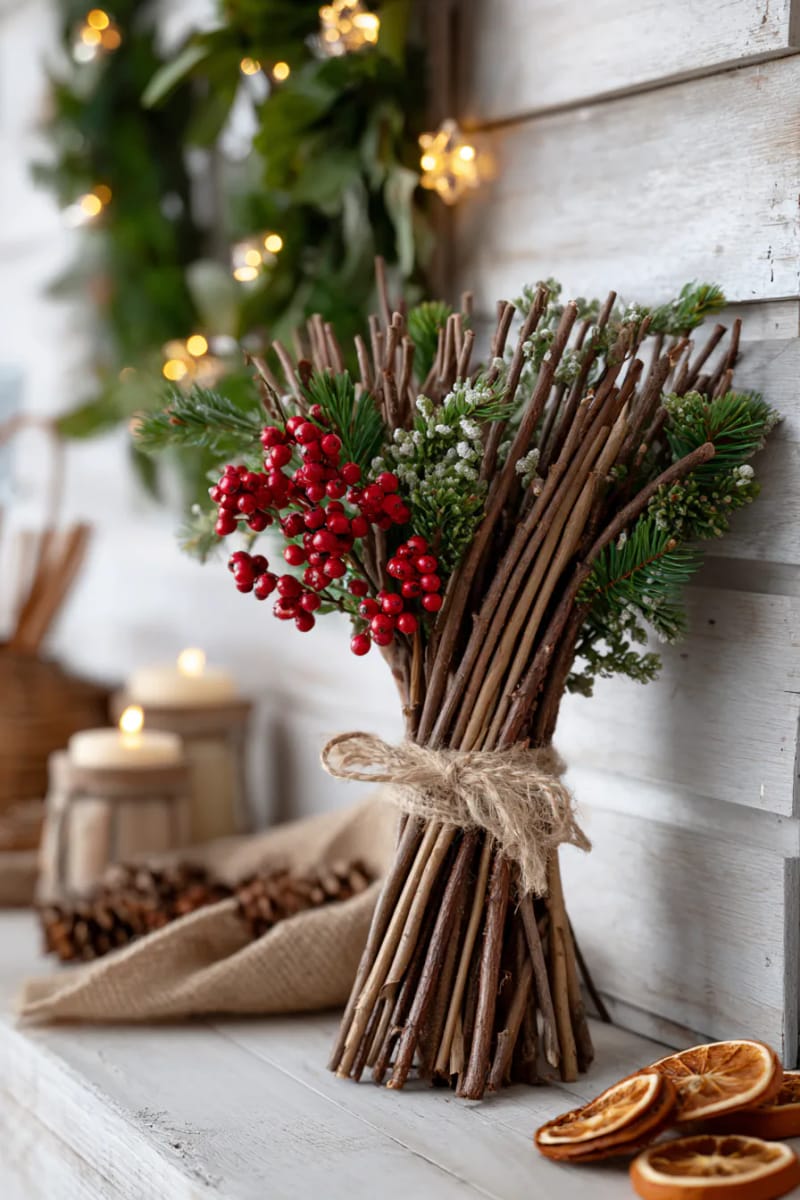 bundle of twigs tied with jute for rustic wall art accent 1