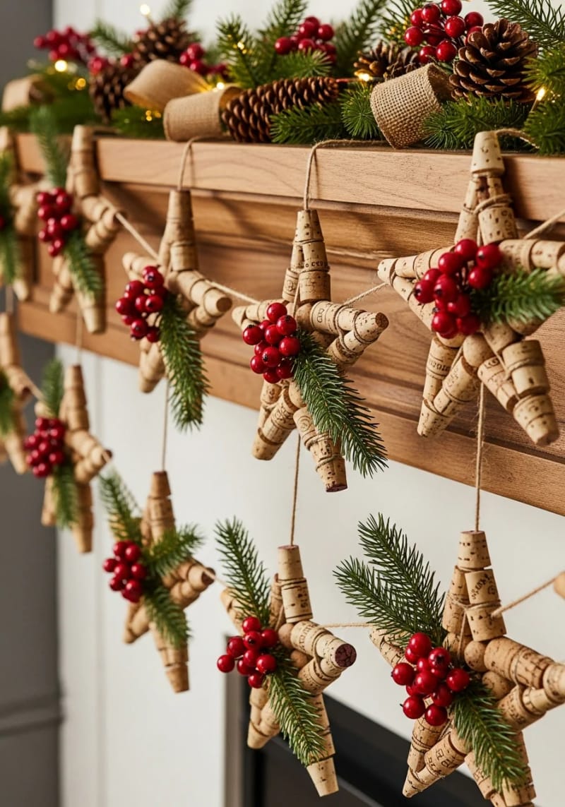 cork star garlands with red berries and evergreen twigs 1