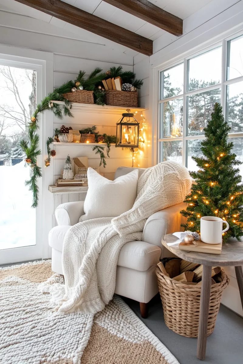 cozy reading nook accented with wool blankets and pine boughs 1