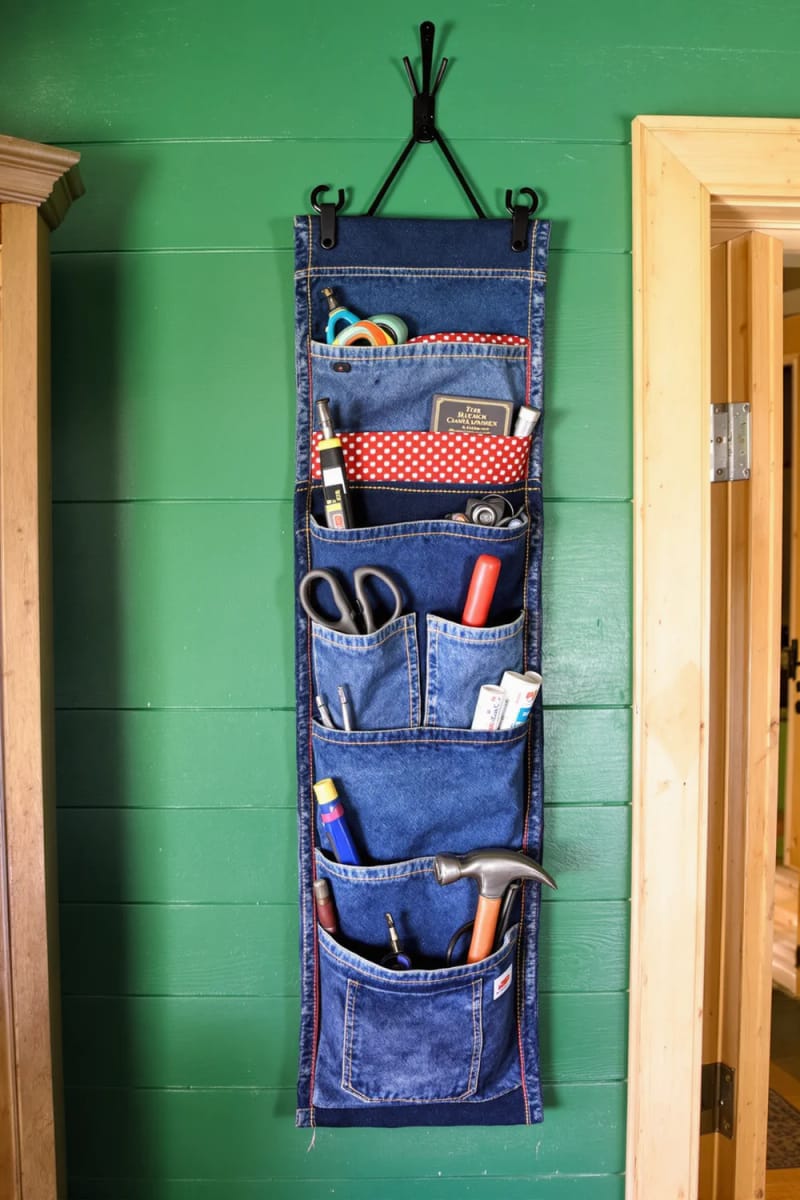 19 Creative Upcycled Home Decor Ideas to Refresh Your Space 24 denim jeans pockets fashioned into a hanging wall organizer 1