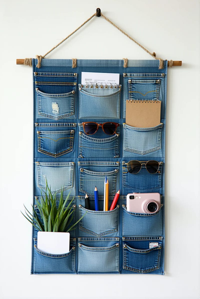 19 Creative Upcycled Home Decor Ideas to Refresh Your Space 25 denim jeans pockets fashioned into a hanging wall organizer 1