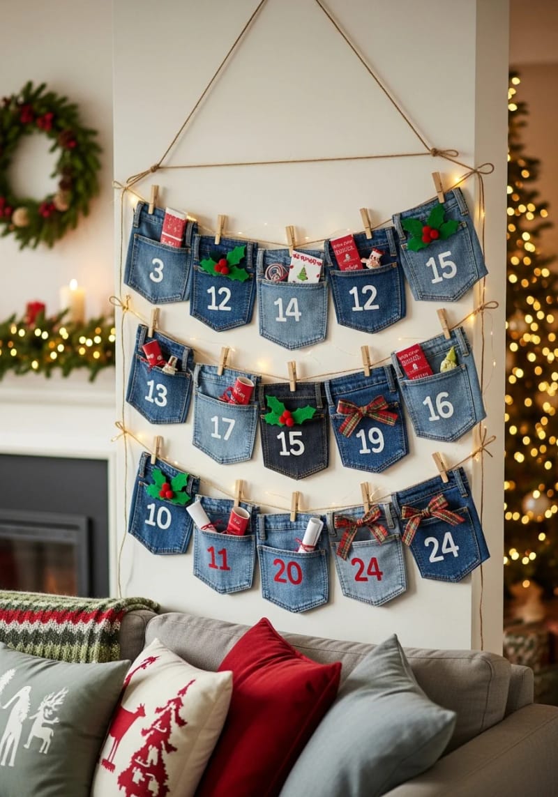 denim pocket advent calendars hung on twine 1