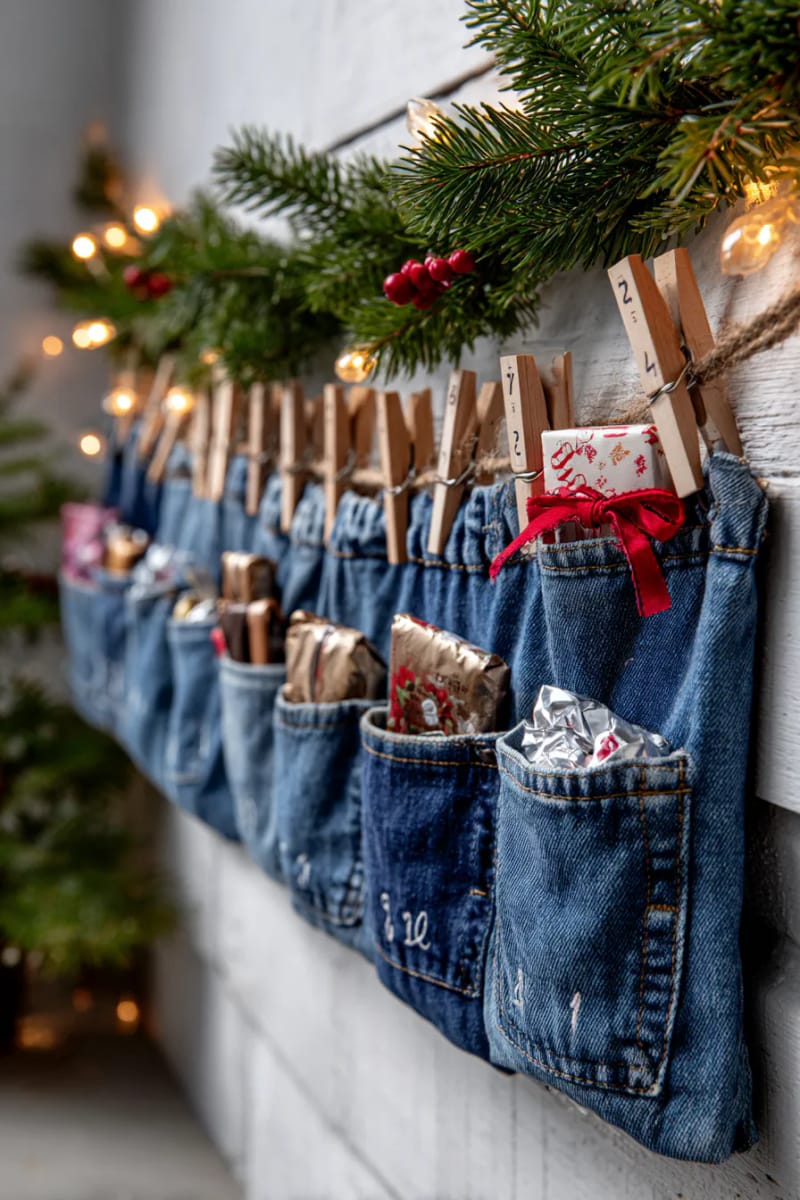 denim pocket advent calendars hung on twine 1