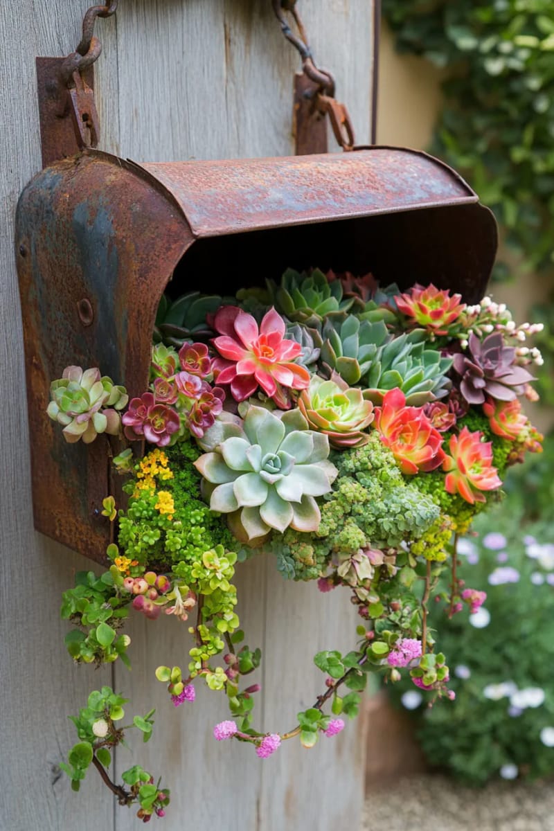 21 Upcycled Garden Decor Ideas with Modern Charm 64 dented metal mailbox succulent display by the gate 1