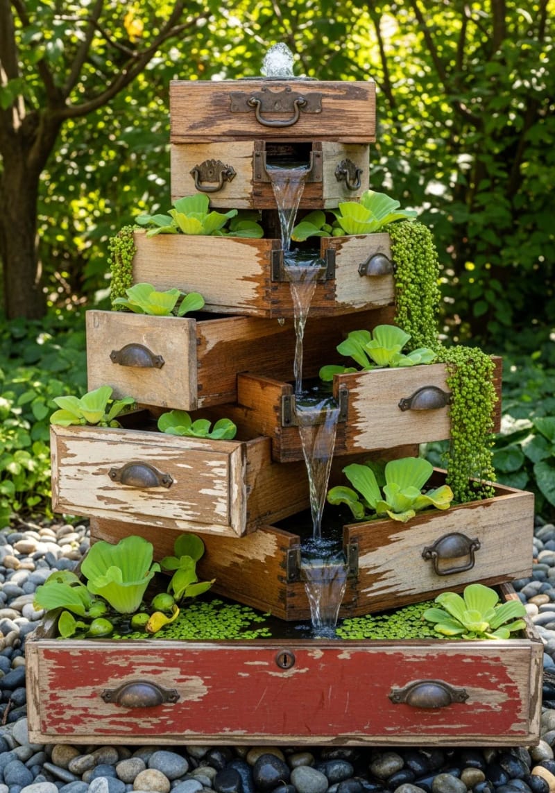 21 Upcycled Garden Decor Ideas with Modern Charm 33 drawer stack fountain with cascading aquatic plants 1