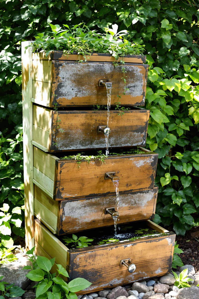 21 Upcycled Garden Decor Ideas with Modern Charm 34 drawer stack fountain with cascading aquatic plants 1