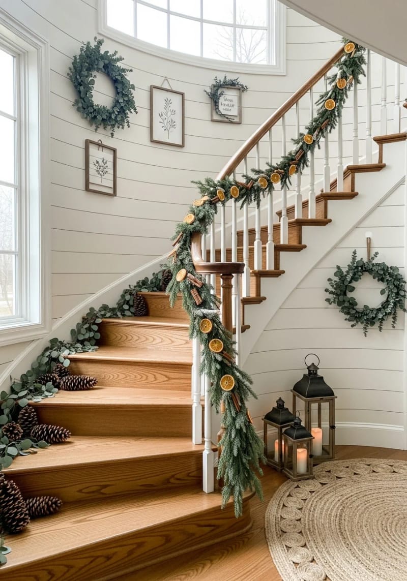 dried citrus and cinnamon stick garland along the staircase banister 1