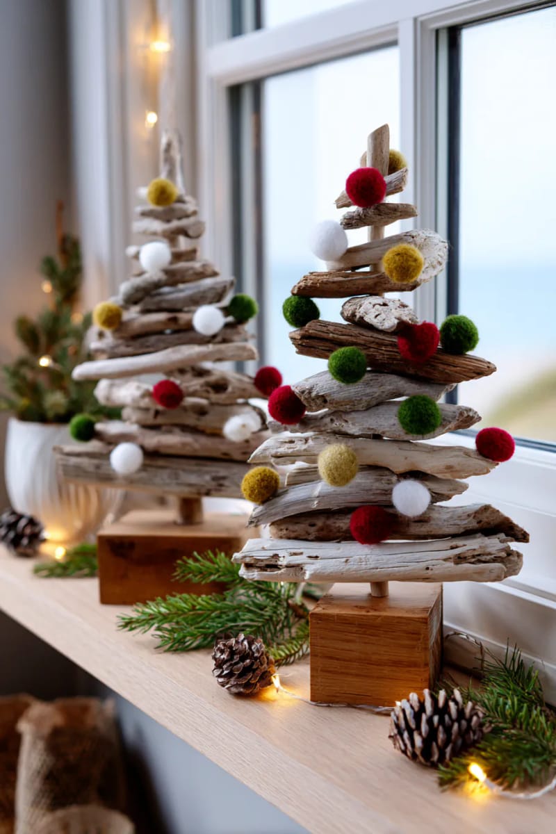 driftwood mini trees decorated with tiny felt pom-poms 1