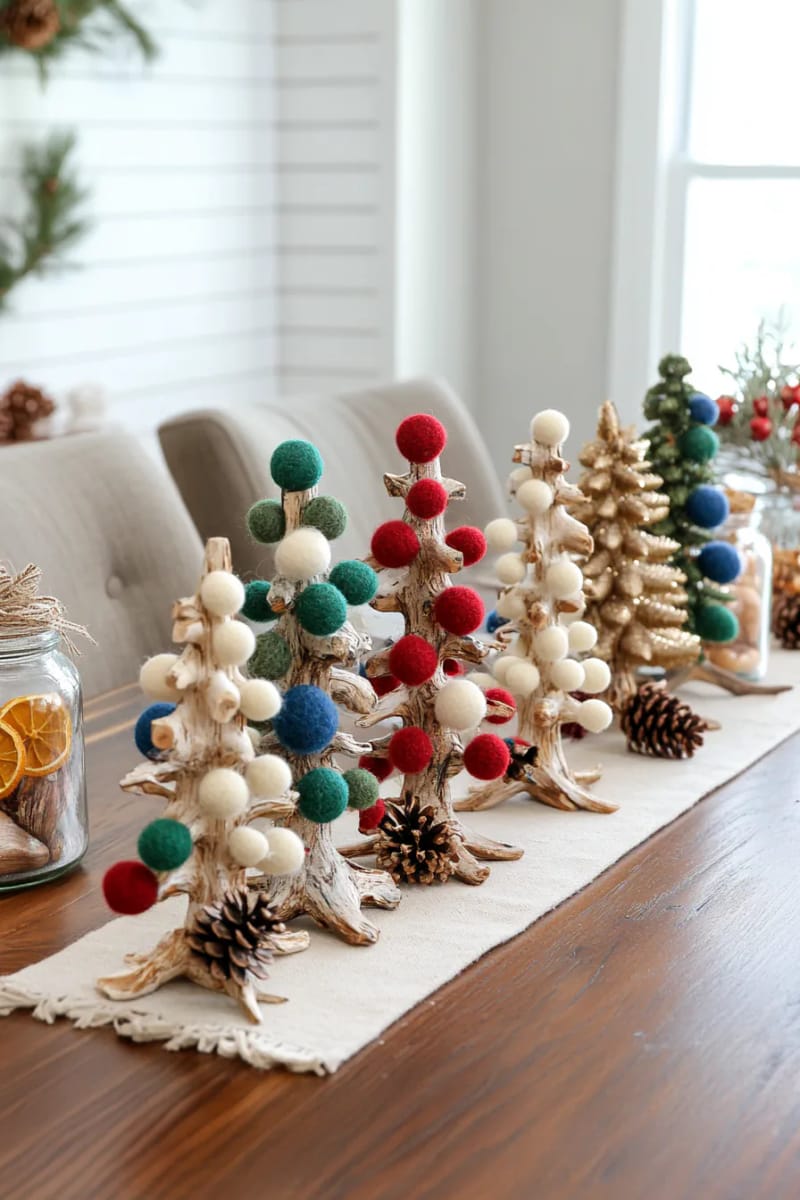 driftwood mini trees decorated with tiny felt pom-poms 1