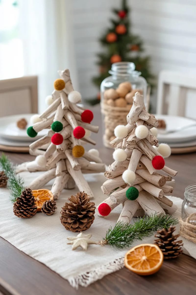 driftwood mini trees decorated with tiny felt pom-poms 1