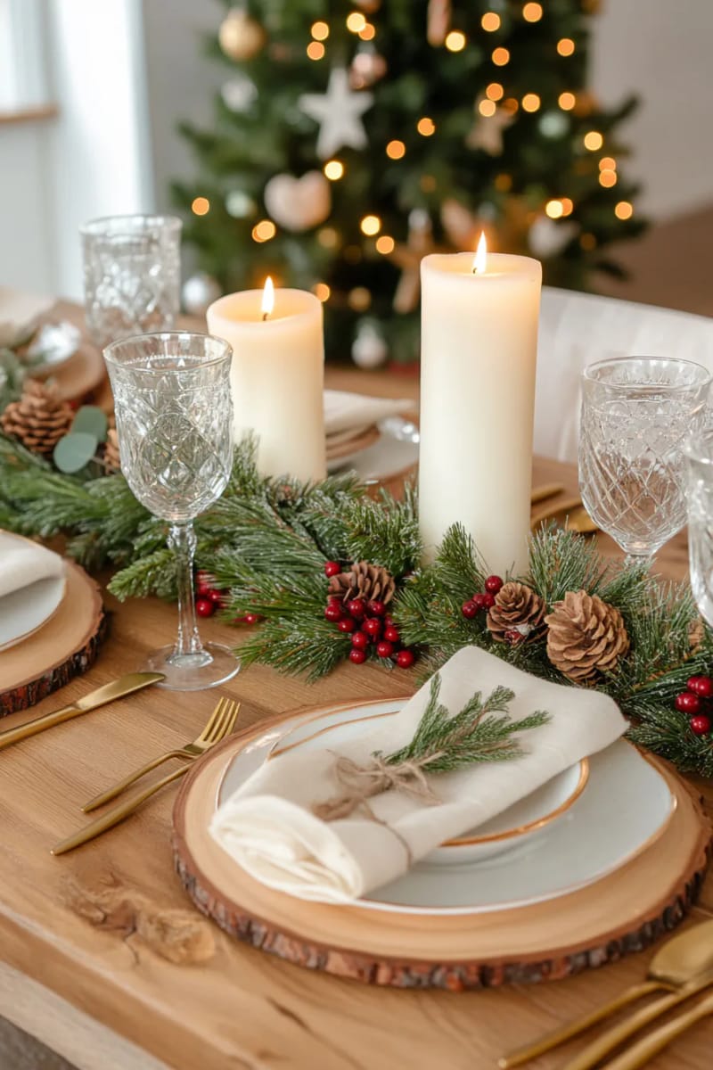 fresh garland centerpiece with unscented white pillar candles 1