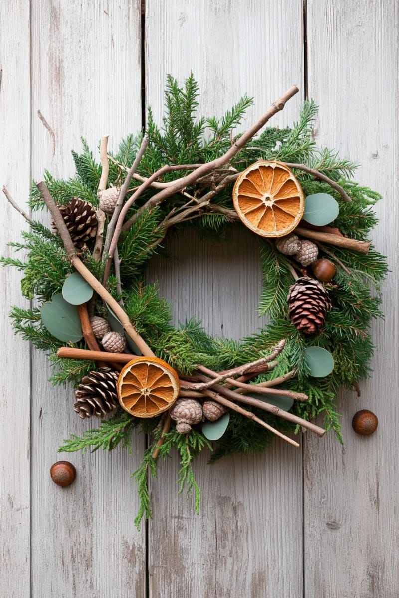 large woodland-inspired wreath with dried orange wheels and pinecones 1