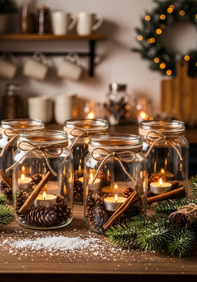 mason jar winter lanterns with pinecones, cinnamon sticks, and tealights 1