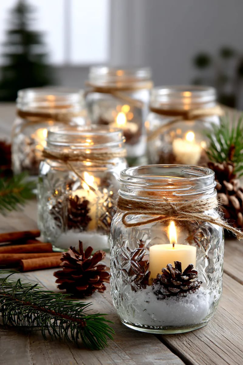 mason jar winter lanterns with pinecones, cinnamon sticks, and tealights 1