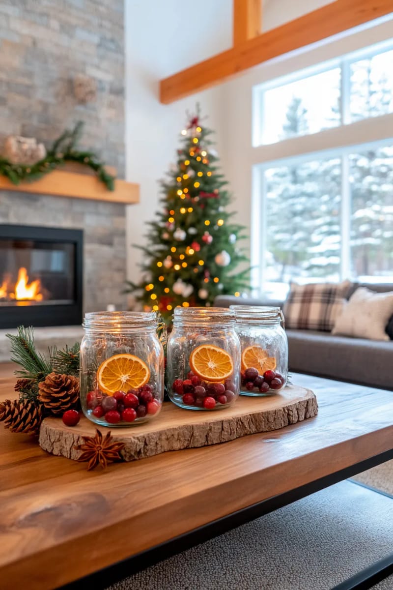 mason jars filled with cranberries and floating tea lights 1