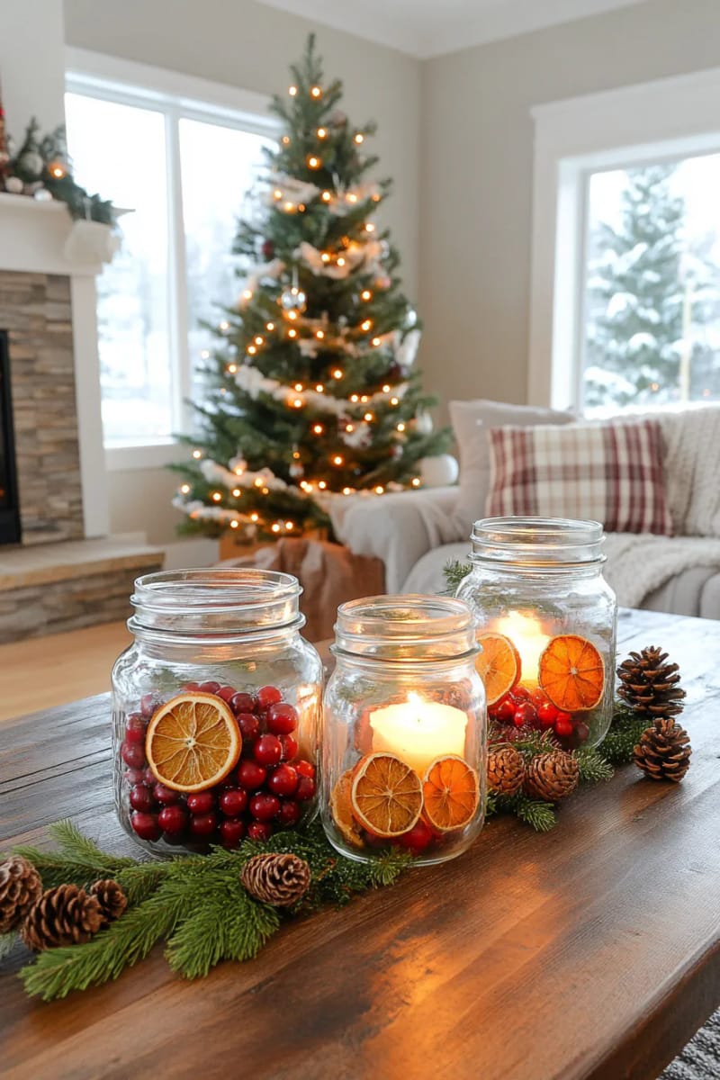 mason jars filled with cranberries and floating tea lights 1