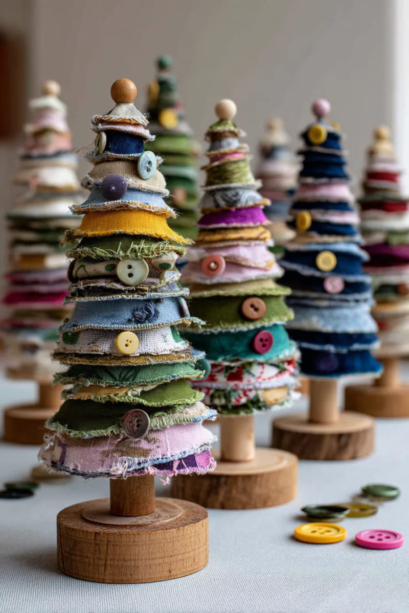 mini christmas trees made from layered fabric scraps and buttons 1